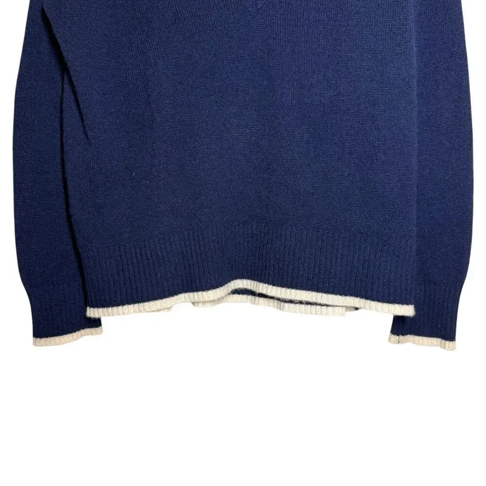 Veronica Beard Navy Blue Cream Trim Cashmere Preppy Cozy V Neck Sweater XS